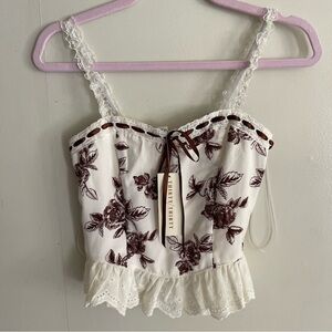 Thirty Thirty Vintage Floral Corset Paola Slotted Ribbon Peplum ruffles Top XS
